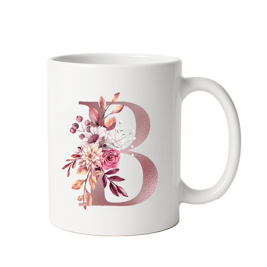 Personalized Floral Initial & Name Ceramic Mug — Custom Monogram Coffee Cup, Gift for Her