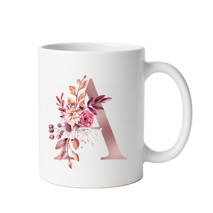 Personalized Floral Initial & Name Ceramic Mug — Custom Monogram Coffee Cup, Gift for Her