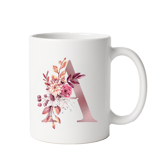 Personalized Floral Initial & Name Ceramic Mug — Custom Monogram Coffee Cup, Gift for Her