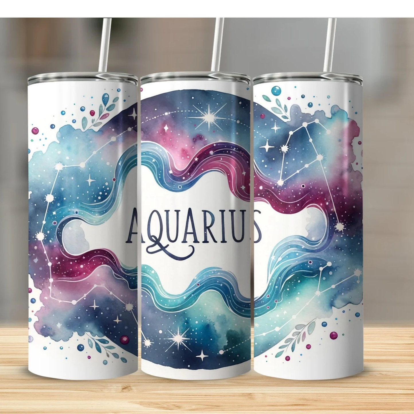 Custom Zodiac Tumbler with Straw - 20oz Skinny Stainless Steel Insulated Cup - Personalized Astrology Gift - Sublimation Abstract Design