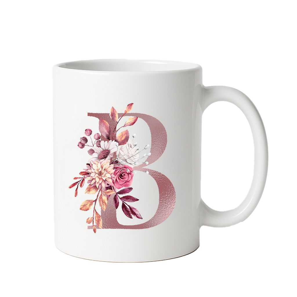 Personalized Floral Initial & Name Ceramic Mug — Custom Monogram Coffee Cup, Gift for Her