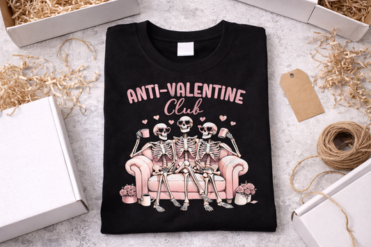 Anti-Valentine Club T-Shirt | Funny Valentine’s Day Shirt for Women | Gothic Skeleton Graphic Tee