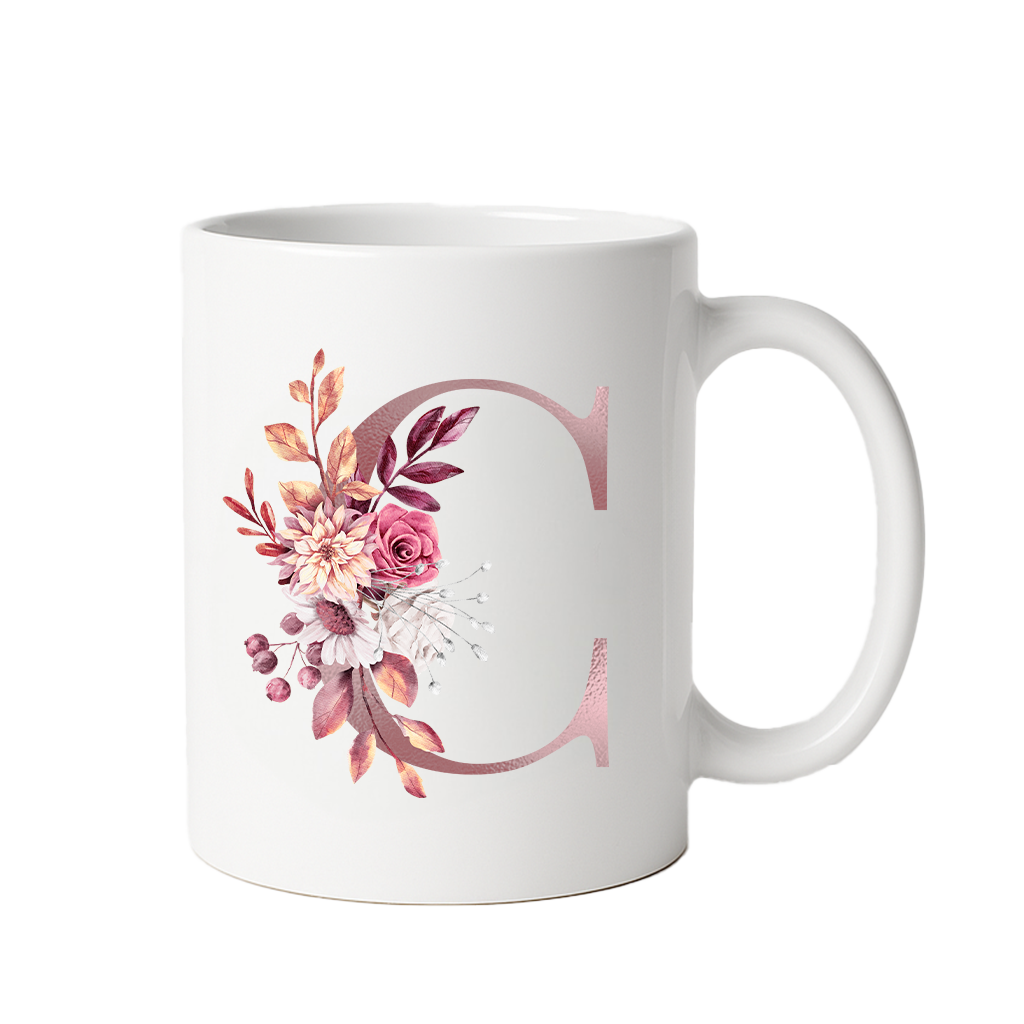 Personalized Floral Initial & Name Ceramic Mug — Custom Monogram Coffee Cup, Gift for Her