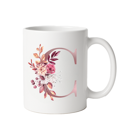Personalized Floral Initial & Name Ceramic Mug — Custom Monogram Coffee Cup, Gift for Her