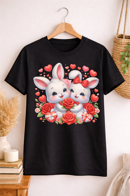 Cute Bunny Love T-Shirt with Roses & Hearts | Love Gift for Her