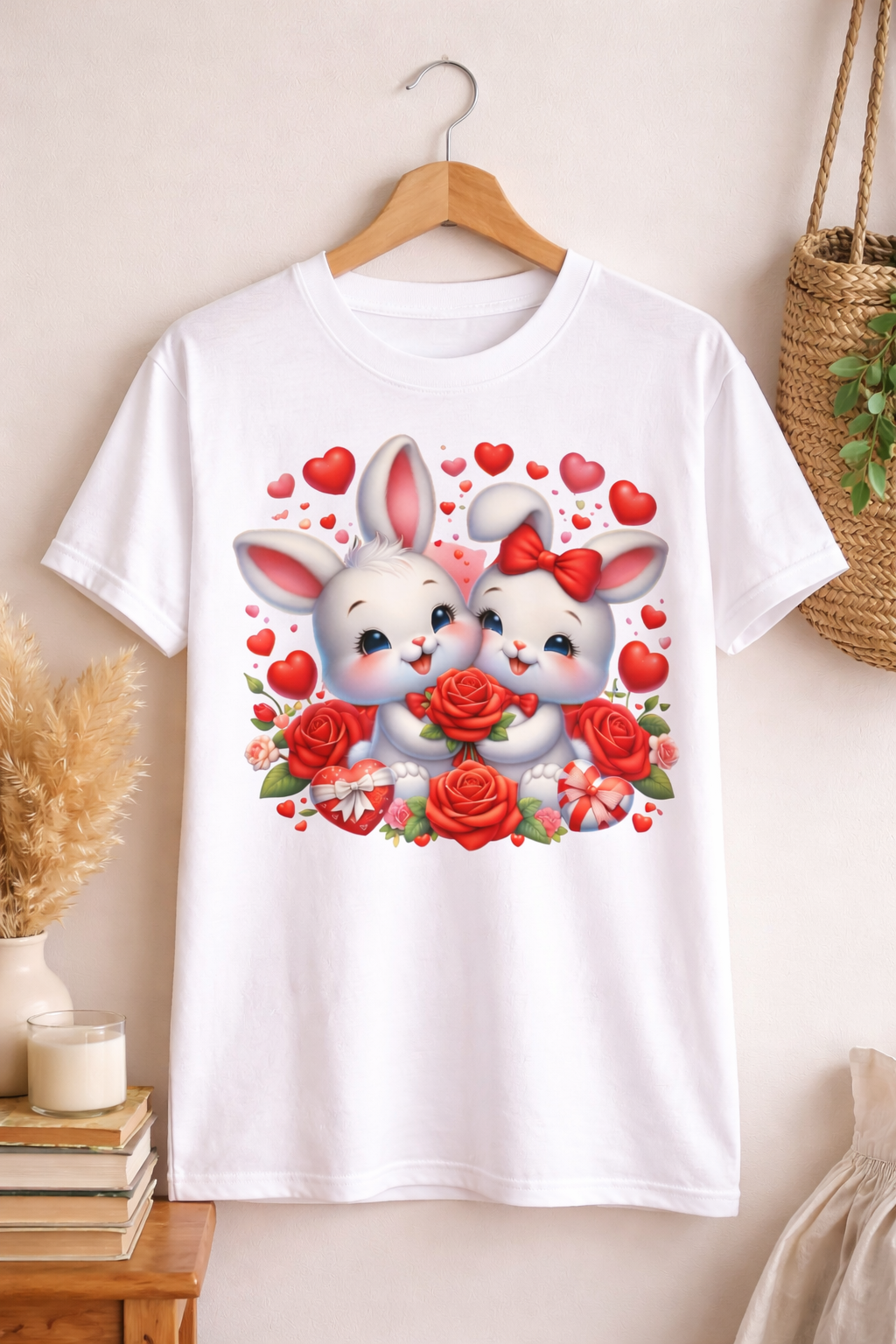 Cute Bunny Love T-Shirt with Roses & Hearts | Love Gift for Her