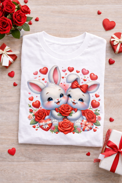 Cute Bunny Love T-Shirt with Roses & Hearts | Love Gift for Her