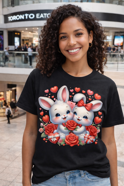 Cute Bunny Love T-Shirt with Roses & Hearts | Love Gift for Her