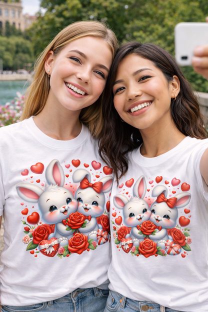 Cute Bunny Love T-Shirt with Roses & Hearts | Love Gift for Her