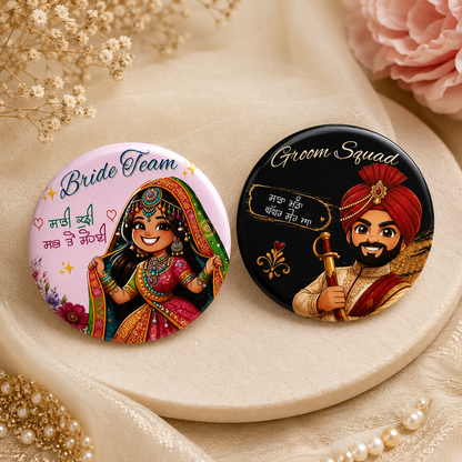 Bride Team & Groom Squad Badge Buttons | Punjabi Wedding Pins | Mehndi Jaggo Sangeet Wedding Party Badges
