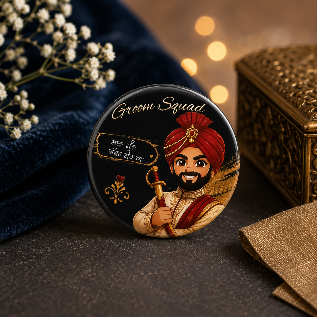 Bride Team & Groom Squad Badge Buttons | Punjabi Wedding Pins | Mehndi Jaggo Sangeet Wedding Party Badges