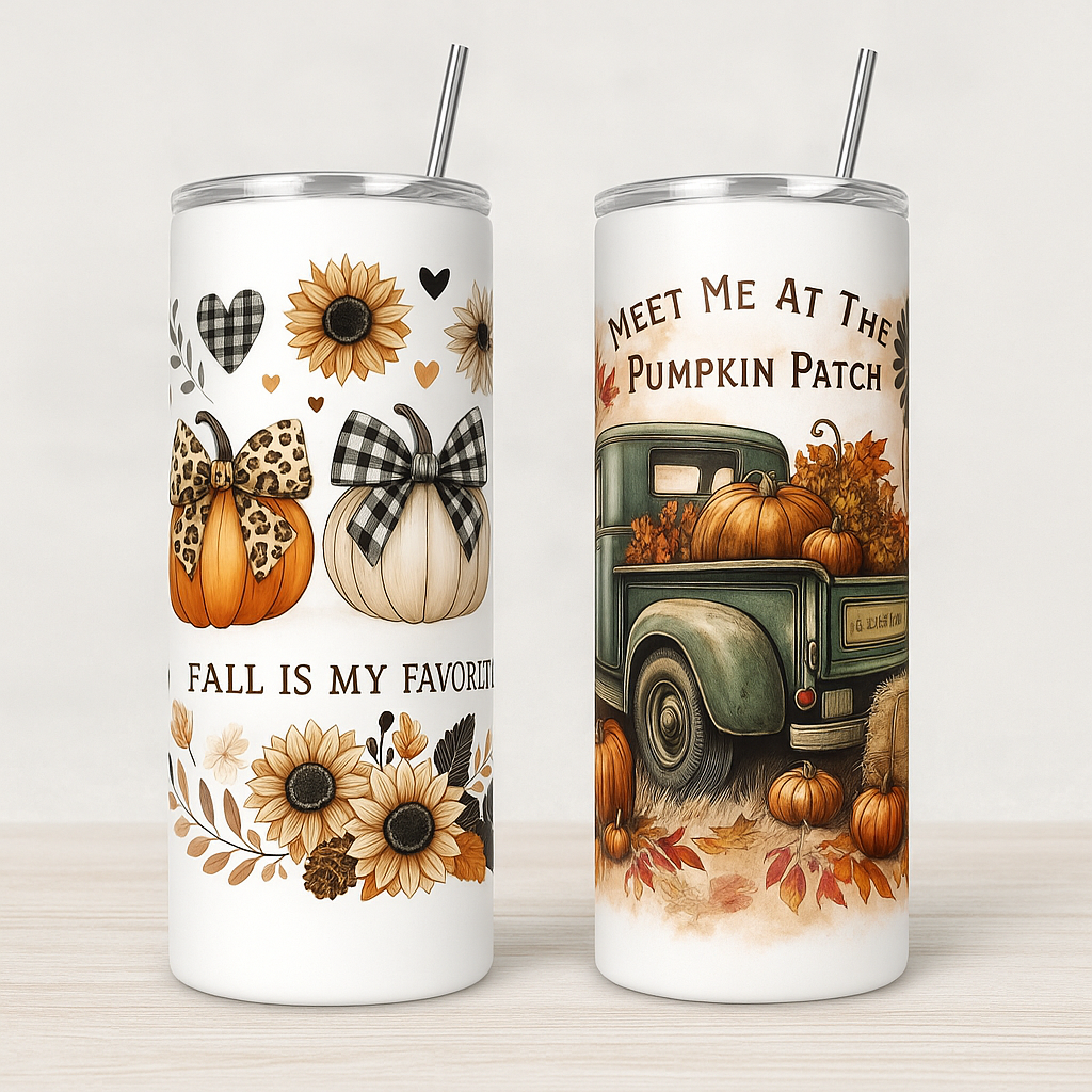 20oz Thanksgiving Tumbler with Straw & Lid – Pumpkin Harvest Sublimation Skinny Tumbler, Stainless Steel Insulated Cup, Custom Printed Fall Gift