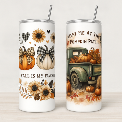 20oz Thanksgiving Tumbler with Straw & Lid – Pumpkin Harvest Sublimation Skinny Tumbler, Stainless Steel Insulated Cup, Custom Printed Fall Gift