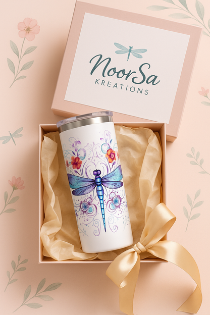 20oz Blue Dragonfly Tumbler with Straw & Lid – Custom Printed Sublimation Skinny Tumbler, Stainless Steel Insulated Cup, Nature-Inspired Gift for Her