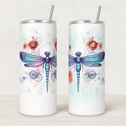 20oz Blue Dragonfly Tumbler with Straw & Lid – Custom Printed Sublimation Skinny Tumbler, Stainless Steel Insulated Cup, Nature-Inspired Gift for Her