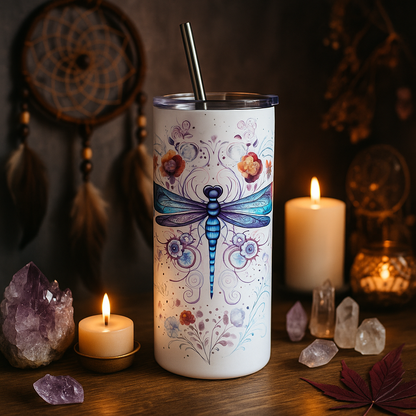 20oz Blue Dragonfly Tumbler with Straw & Lid – Custom Printed Sublimation Skinny Tumbler, Stainless Steel Insulated Cup, Nature-Inspired Gift for Her