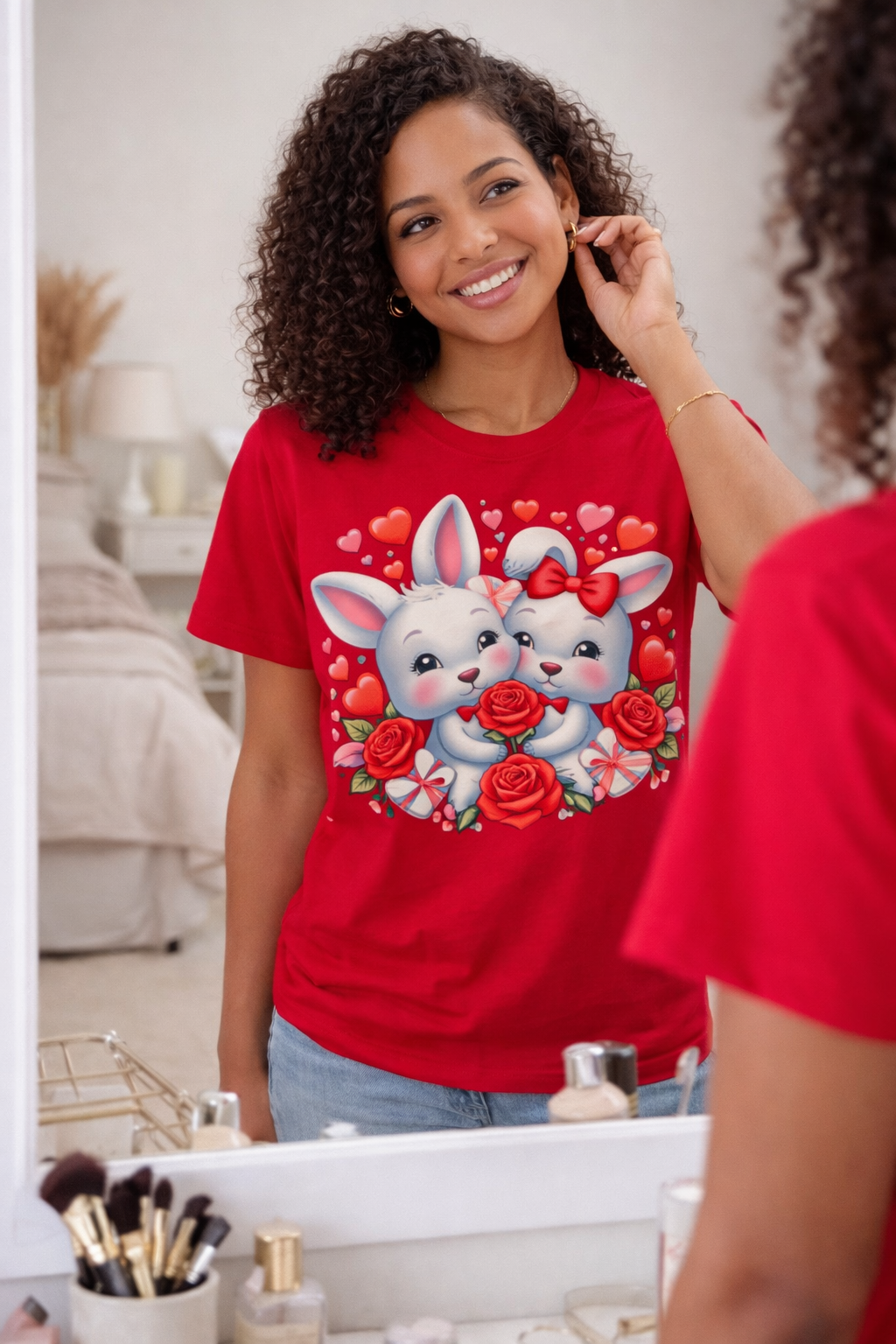 Cute Bunny Love T-Shirt with Roses & Hearts | Love Gift for Her