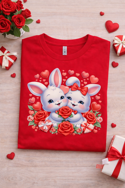 Cute Bunny Love T-Shirt with Roses & Hearts | Love Gift for Her