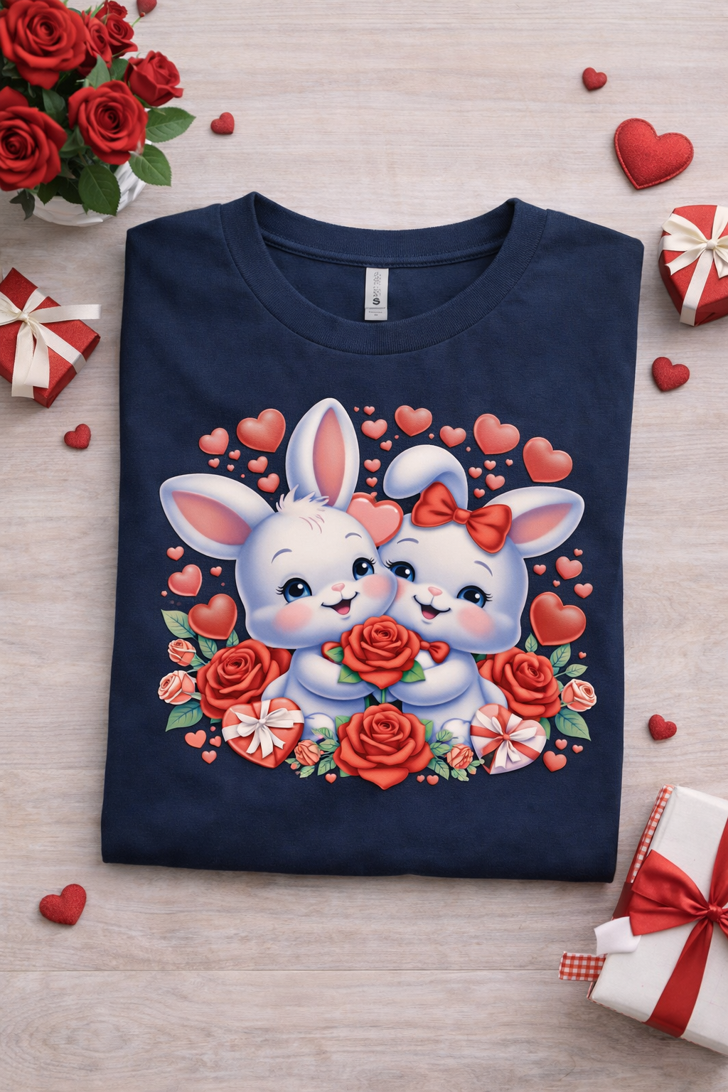 Cute Bunny Love T-Shirt with Roses & Hearts | Love Gift for Her