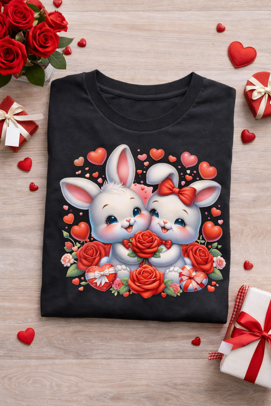 Cute Bunny Love T-Shirt with Roses & Hearts | Love Gift for Her