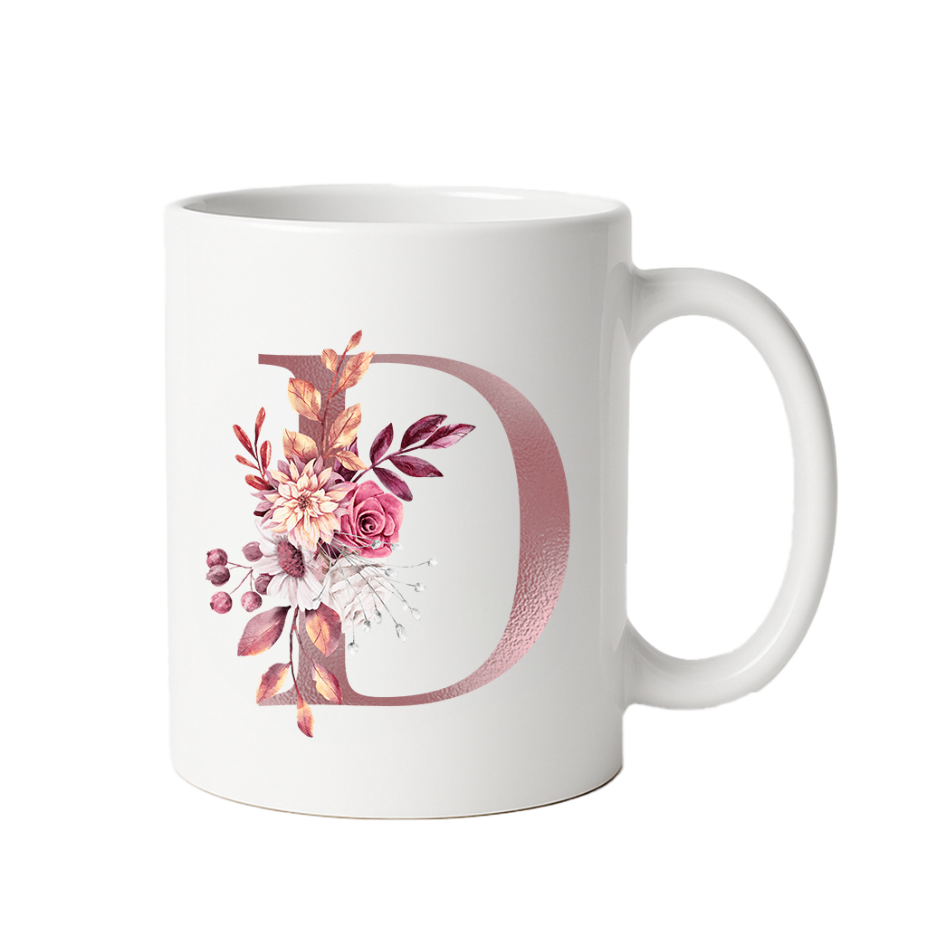 Personalized Floral Initial & Name Ceramic Mug — Custom Monogram Coffee Cup, Gift for Her