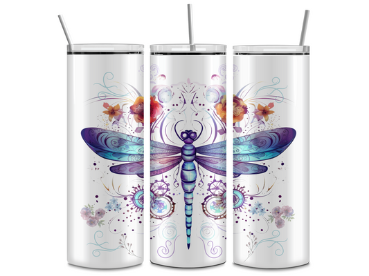 20oz Blue Dragonfly Tumbler with Straw & Lid – Custom Printed Sublimation Skinny Tumbler, Stainless Steel Insulated Cup, Nature-Inspired Gift for Her