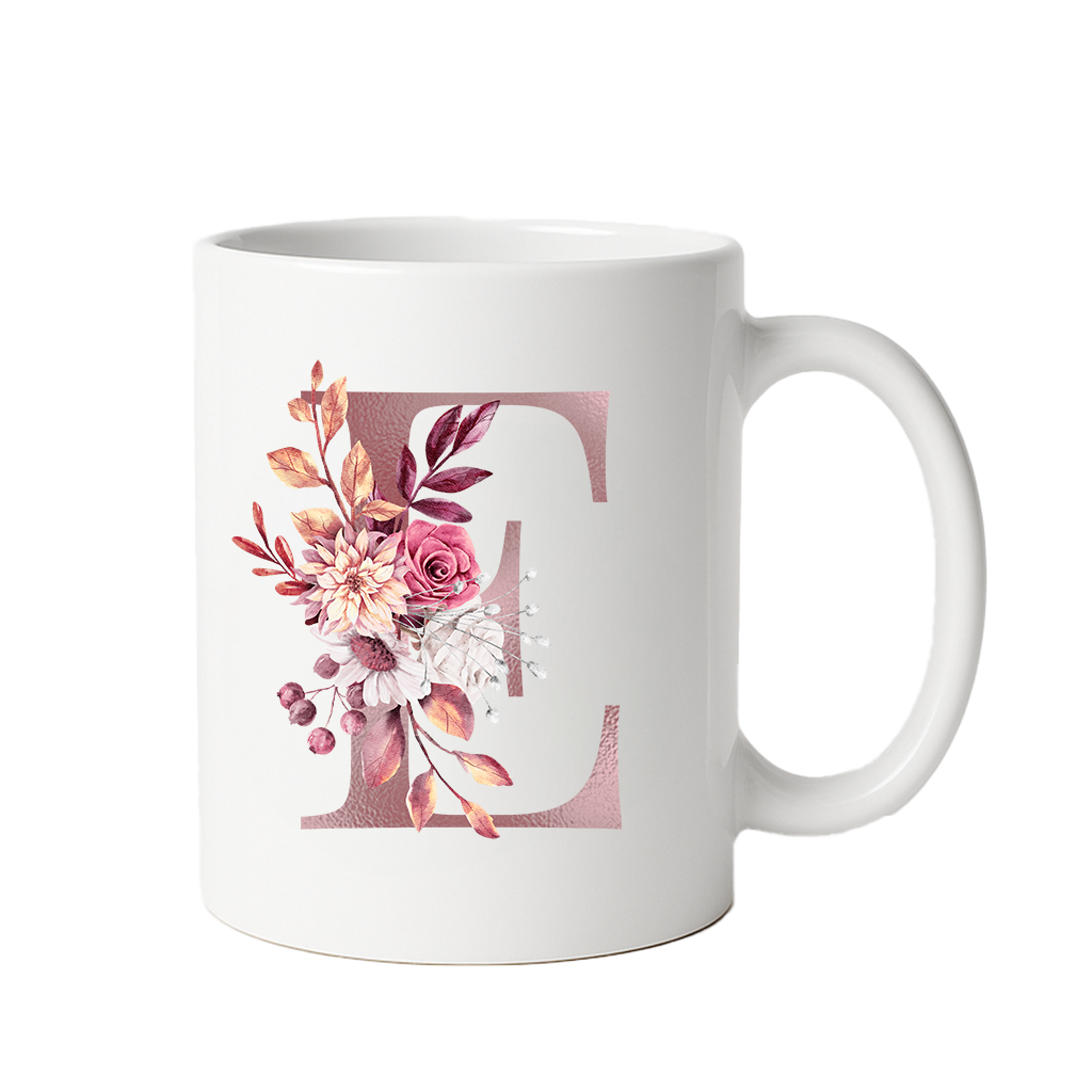 Personalized Floral Initial & Name Ceramic Mug — Custom Monogram Coffee Cup, Gift for Her