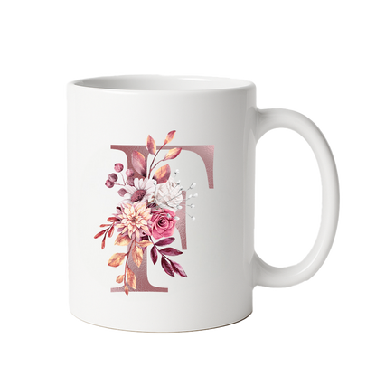 Personalized Floral Initial & Name Ceramic Mug — Custom Monogram Coffee Cup, Gift for Her