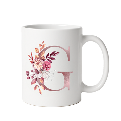 Personalized Floral Initial & Name Ceramic Mug — Custom Monogram Coffee Cup, Gift for Her