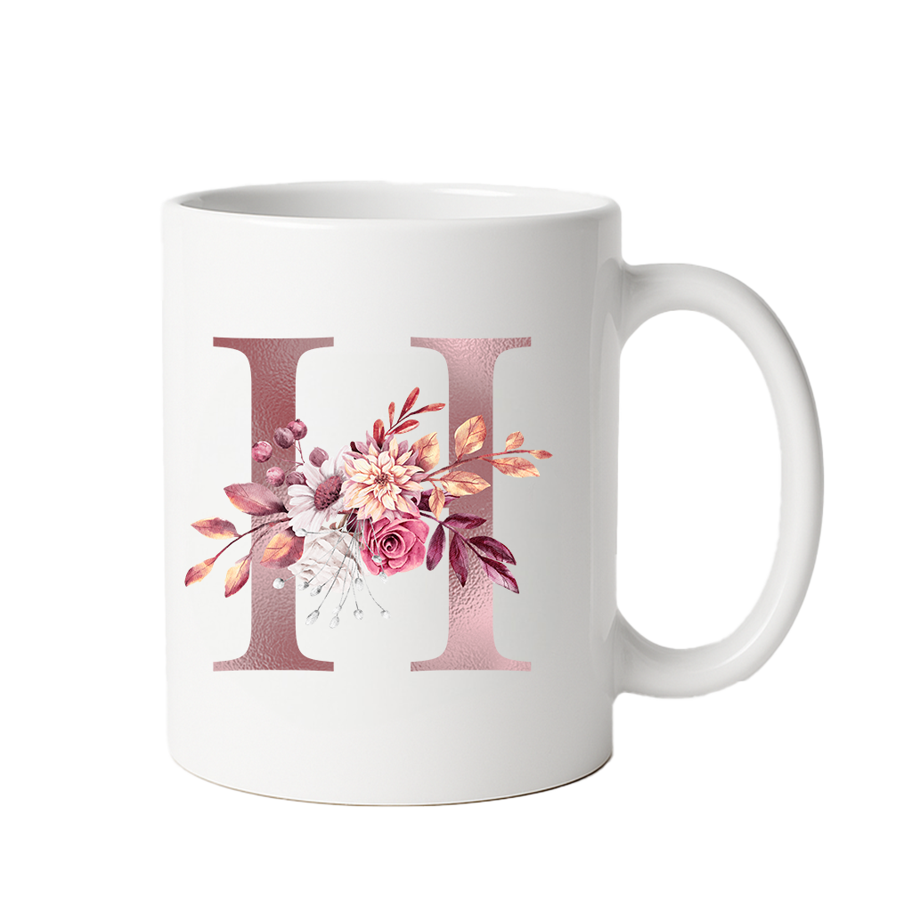 Personalized Floral Initial & Name Ceramic Mug — Custom Monogram Coffee Cup, Gift for Her