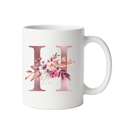 Personalized Floral Initial & Name Ceramic Mug — Custom Monogram Coffee Cup, Gift for Her
