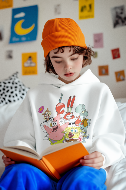 Cartoon Graphic Hoodie – Cozy White Unisex Sweatshirt
