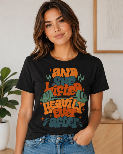 And She Lifted Heavily Ever After Graphic Tee – Unisex Retro Gym Shirt