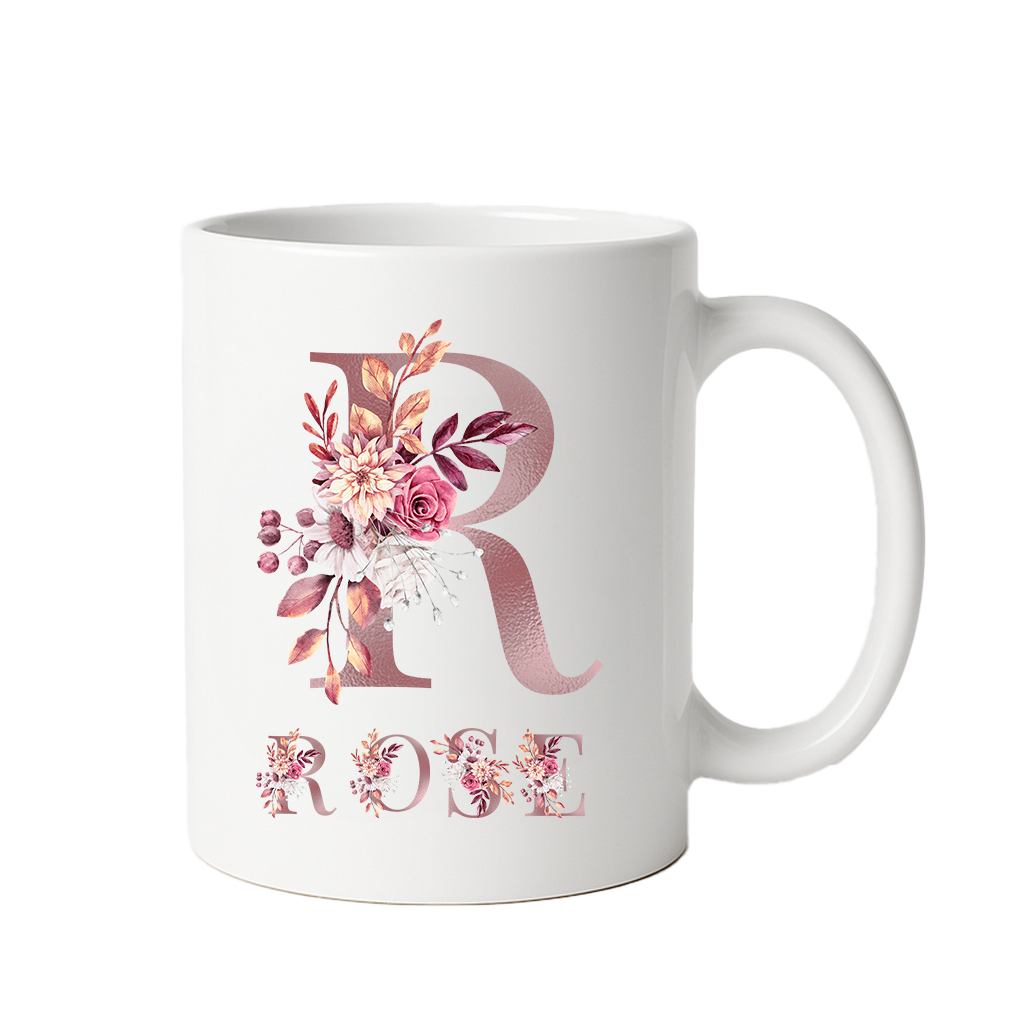 Personalized Floral Initial & Name Ceramic Mug — Custom Monogram Coffee Cup, Gift for Her