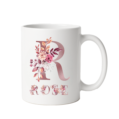 Personalized Floral Initial & Name Ceramic Mug — Custom Monogram Coffee Cup, Gift for Her