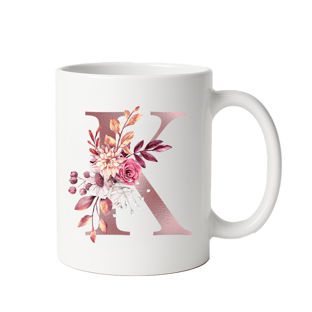 Personalized Floral Initial & Name Ceramic Mug — Custom Monogram Coffee Cup, Gift for Her