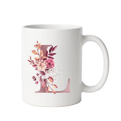 Personalized Floral Initial & Name Ceramic Mug — Custom Monogram Coffee Cup, Gift for Her