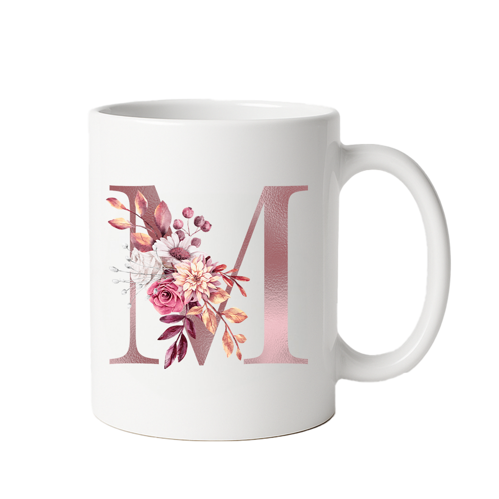 Personalized Floral Initial & Name Ceramic Mug — Custom Monogram Coffee Cup, Gift for Her