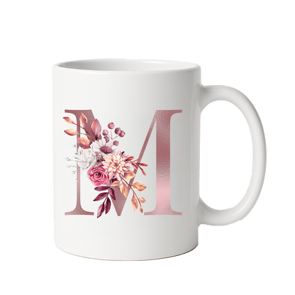 Personalized Floral Initial & Name Ceramic Mug — Custom Monogram Coffee Cup, Gift for Her