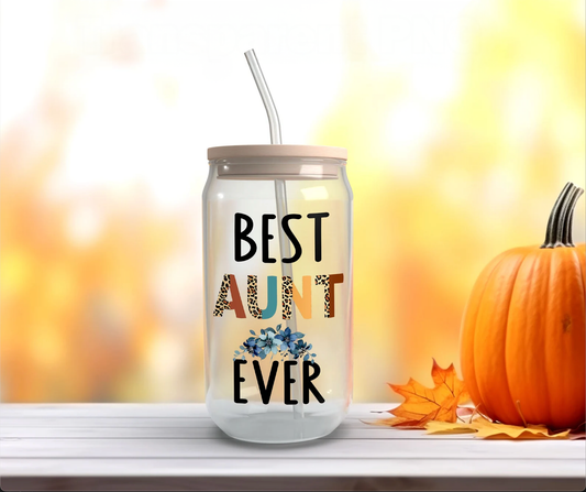 Best Aunt Ever Frosted Glass Tumbler • 16oz Gift Cup with Bamboo Lid & Straw • Gift for Aunt