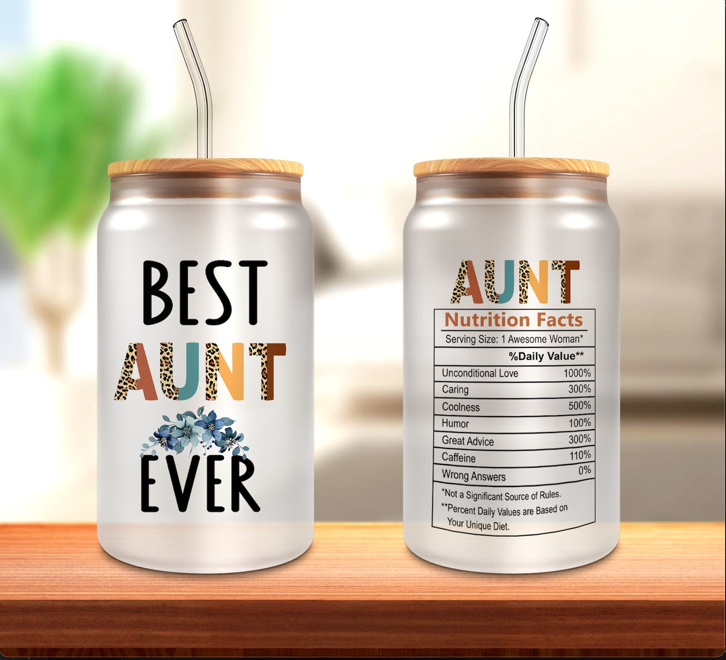 Best Aunt Ever Frosted Glass Tumbler • 16oz Gift Cup with Bamboo Lid & Straw • Gift for Aunt