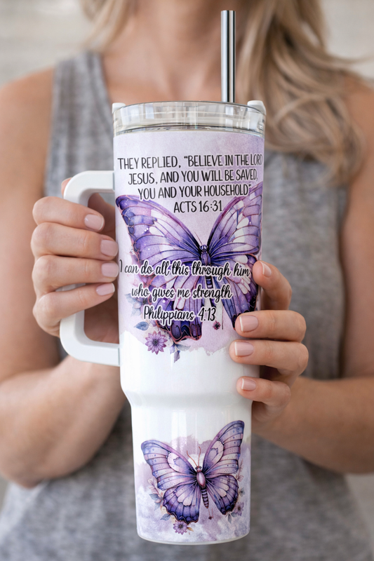 Faith Bible Verse 40oz Tumbler for Women | Christian Butterfly Water Cup | Scripture Inspirational Gift for Her | Religious Tumbler