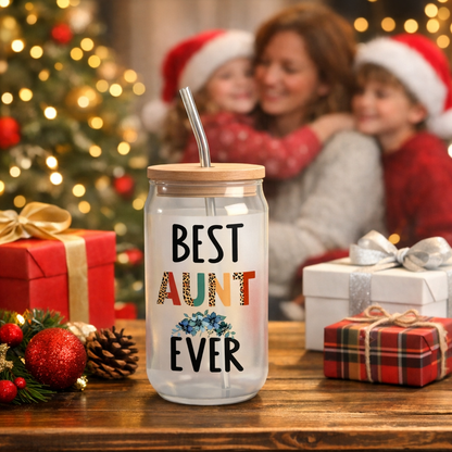 Best Aunt Ever Frosted Glass Tumbler • 16oz Gift Cup with Bamboo Lid & Straw • Gift for Aunt
