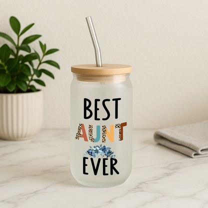 Best Aunt Ever Frosted Glass Tumbler • 16oz Gift Cup with Bamboo Lid & Straw • Gift for Aunt