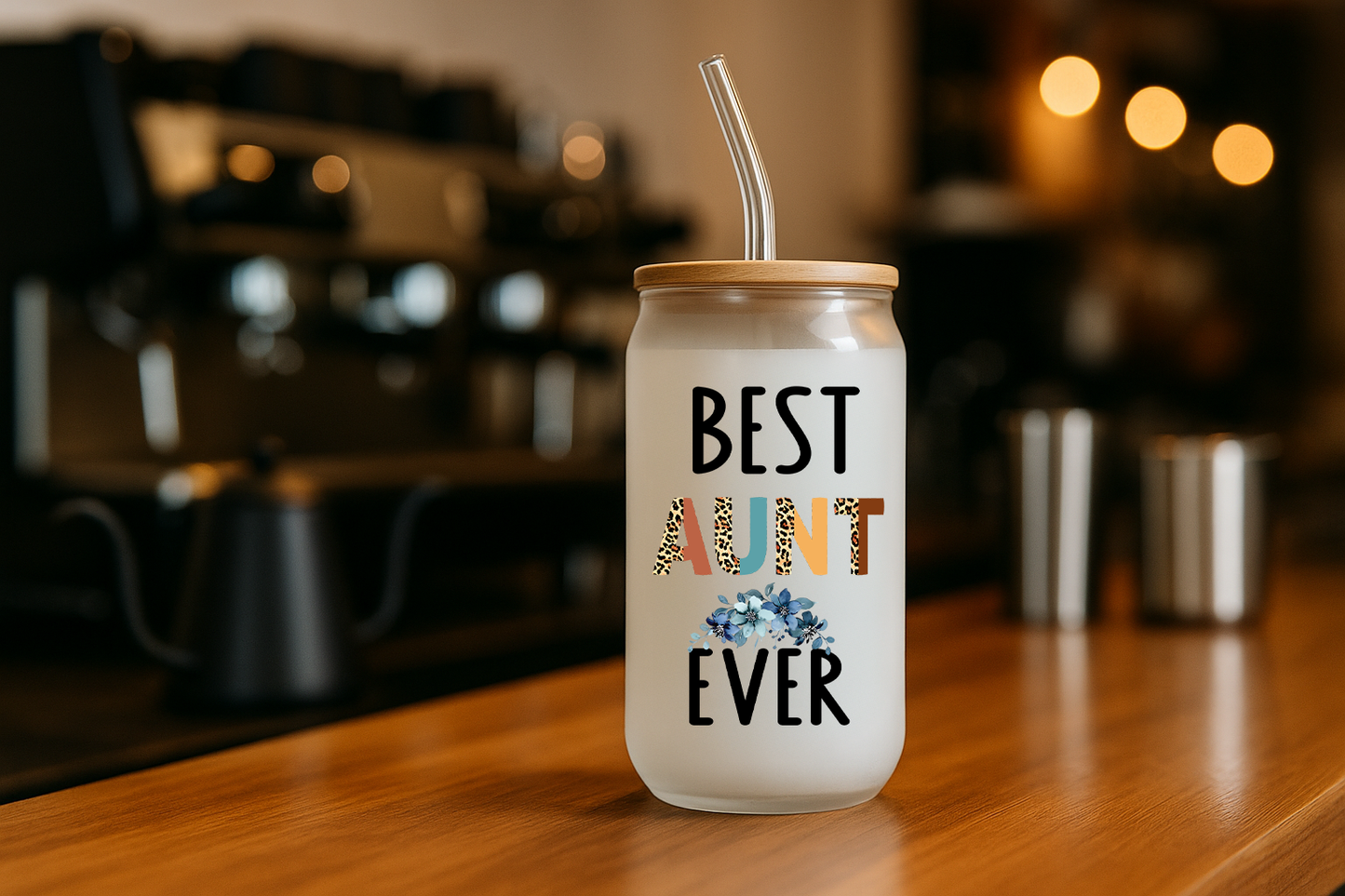 Best Aunt Ever Frosted Glass Tumbler • 16oz Gift Cup with Bamboo Lid & Straw • Gift for Aunt