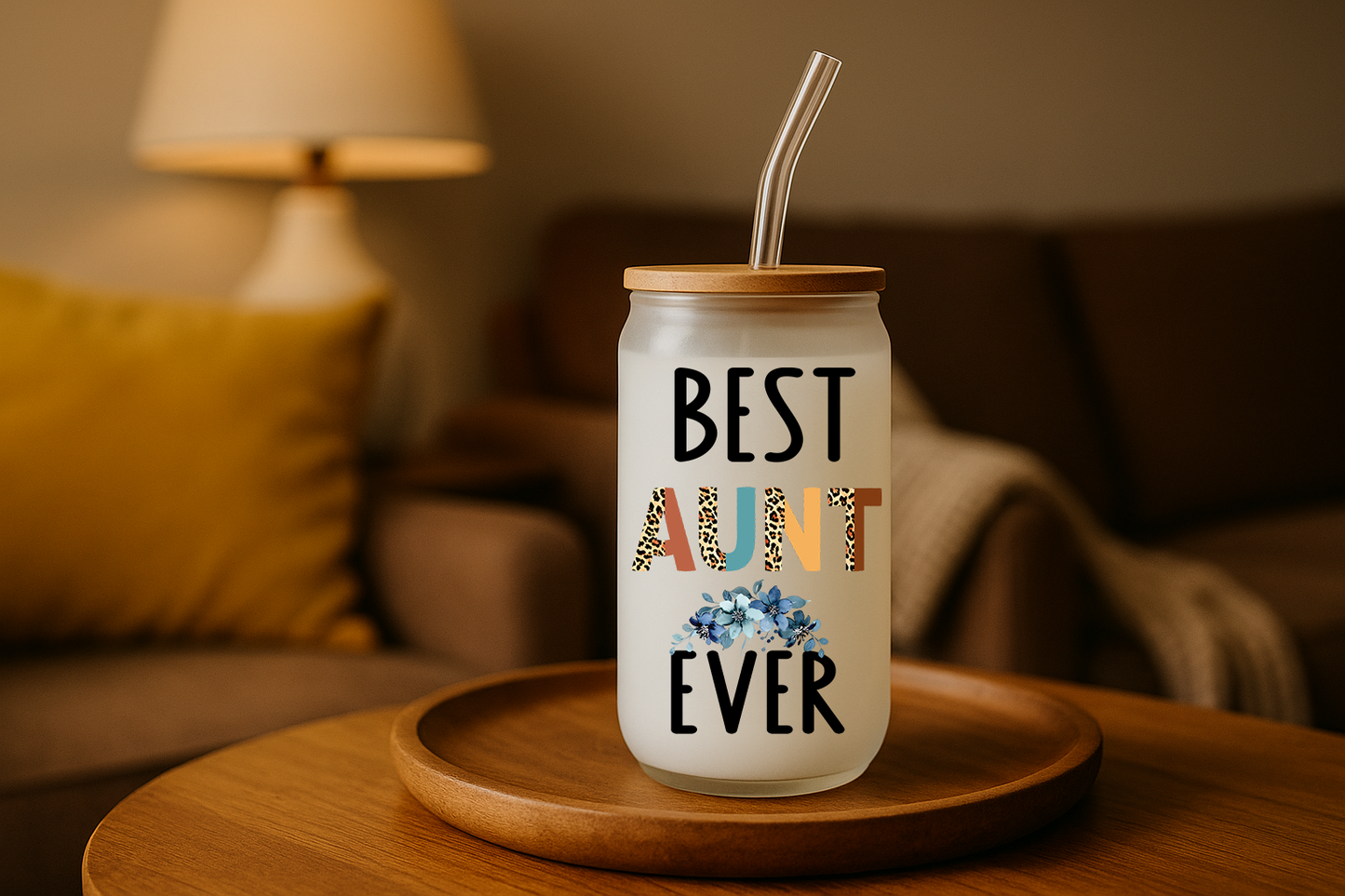 Best Aunt Ever Frosted Glass Tumbler • 16oz Gift Cup with Bamboo Lid & Straw • Gift for Aunt
