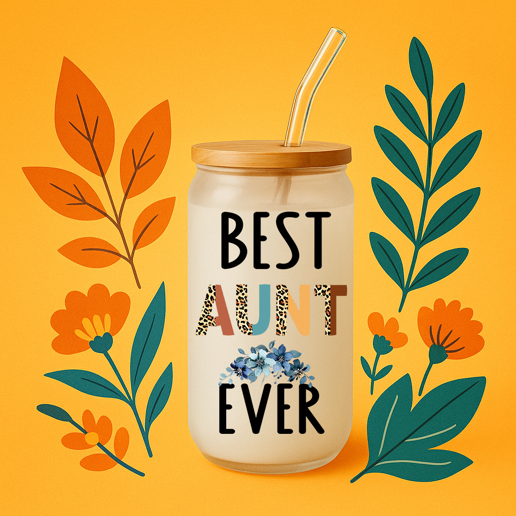Best Aunt Ever Frosted Glass Tumbler • 16oz Gift Cup with Bamboo Lid & Straw • Gift for Aunt