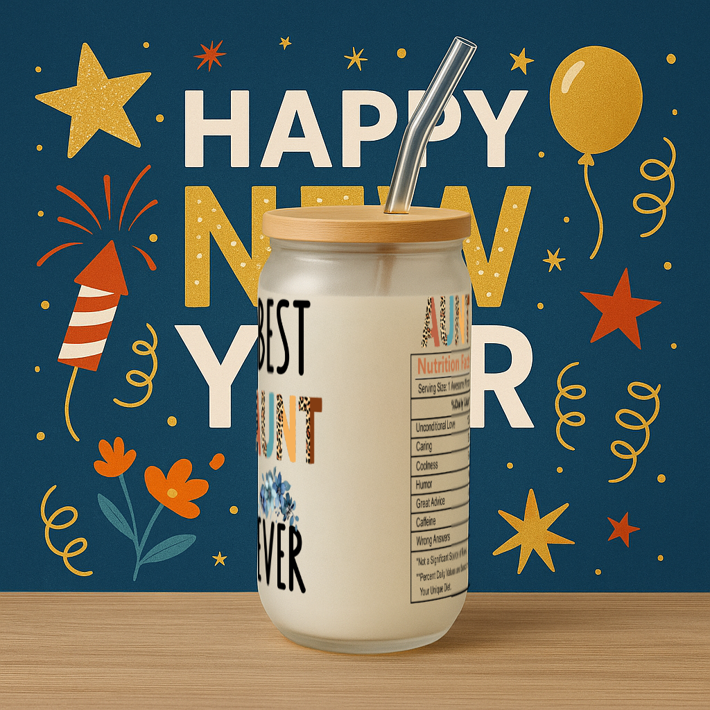 Best Aunt Ever Frosted Glass Tumbler • 16oz Gift Cup with Bamboo Lid & Straw • Gift for Aunt