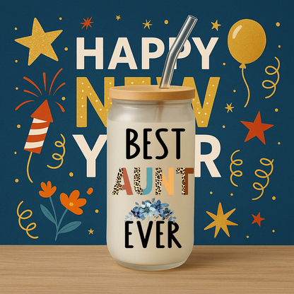 Best Aunt Ever Frosted Glass Tumbler • 16oz Gift Cup with Bamboo Lid & Straw • Gift for Aunt