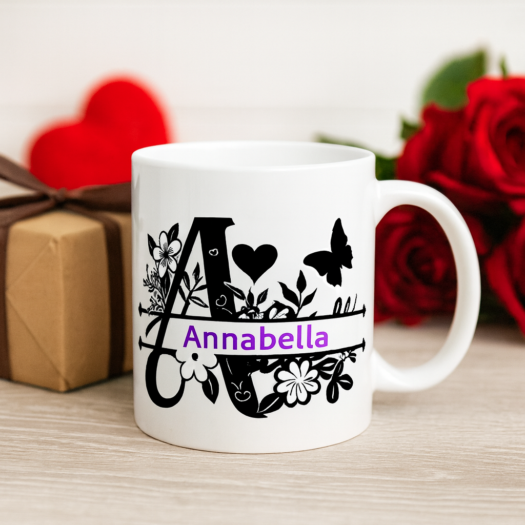 Personalized Floral Initial Mug • Custom Name Coffee Cup